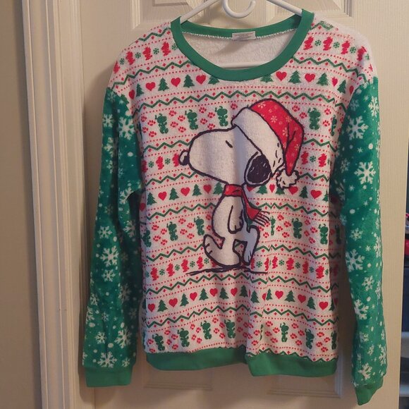 2016 Peanuts Snoopy Santa Dog Christmas Tree Fleece Sweatshirt Size Large EUC - Picture 1 of 5